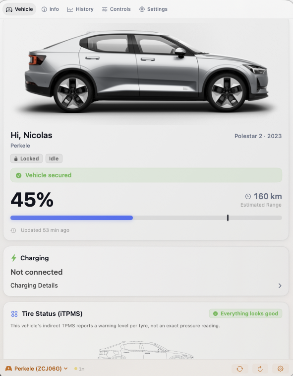 Hisingen - Polestar and Volvo telemetry in the macOS menu bar.